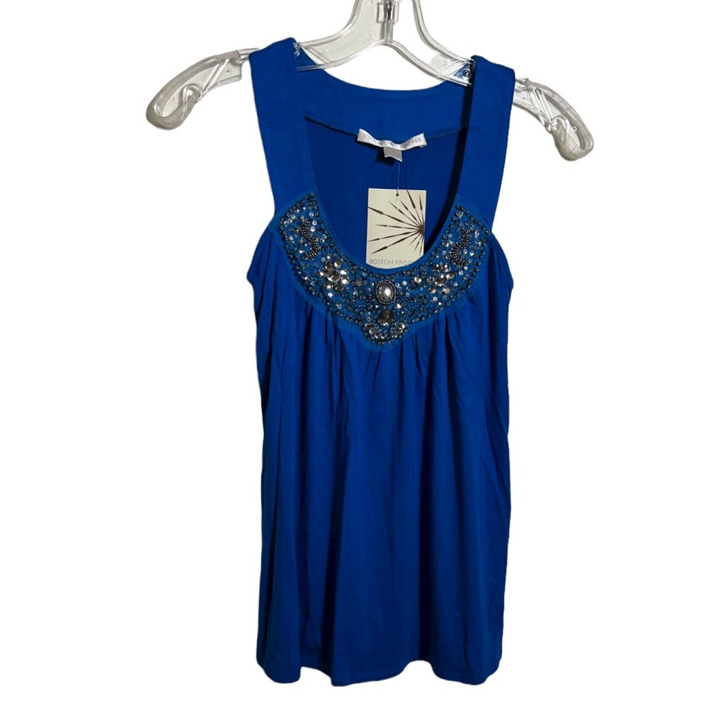 NWT Boston Proper Riviera Blue Sparkle Neckline Sleeveless Top, Size XXS